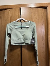 Savage X Fenty SEAMLESS RIB SPORT LONG-SLEEVE CROPPED BRA TOP XL NWT Muted Green
