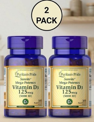 2 Pack Mega Potency Vitamin D3 5000 IU 200 Softgels (2x100) Bone Immune D-3 D 3