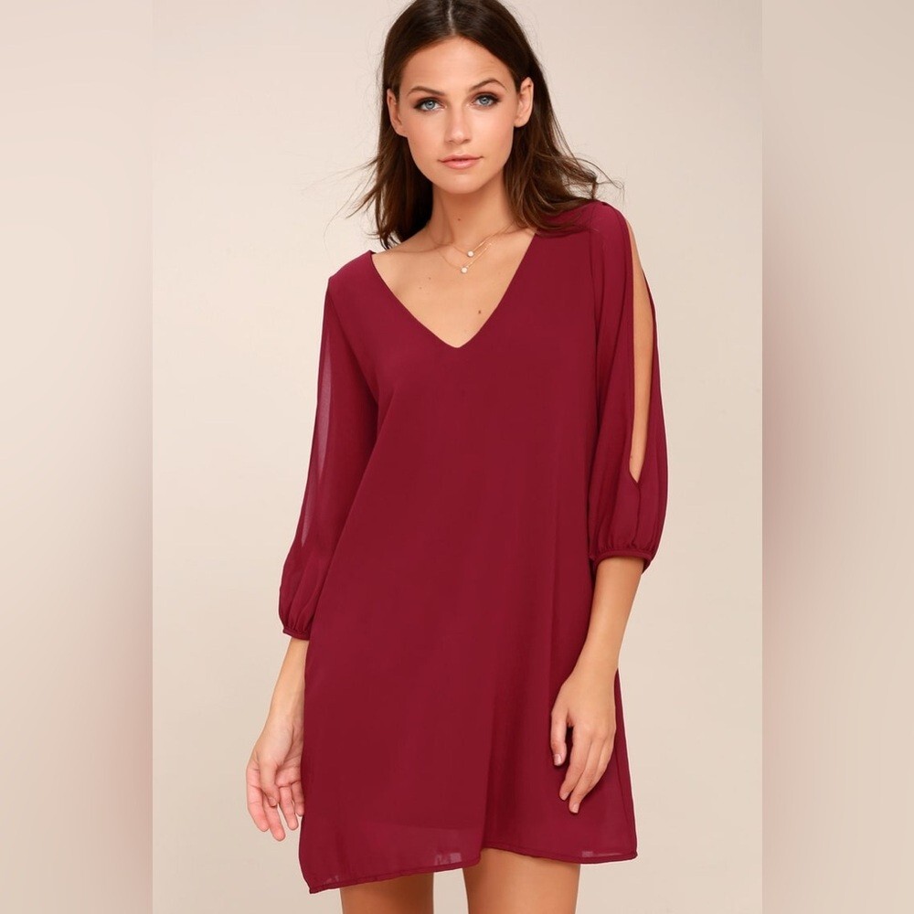 Lulus Shifting Dears Wine Red Long Sleeve Open Shoulder V-neck Dress size S