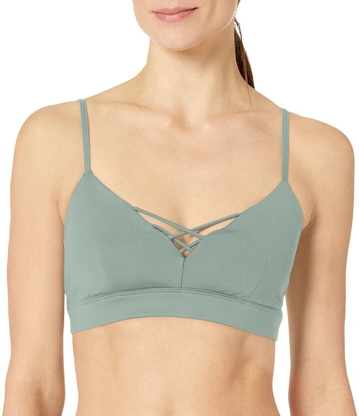 ALO YOGA WOMENS INTERLACE STRAPPY SPORTS BRA IN PASTEL SAGE GREEN
