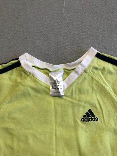 Adidas T Shirt Kids Medium Yellow Lime Classic Stripe Cotton Active Tee - Picture 2 of 4