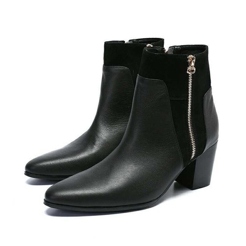 Mens Leather Punk Zipper Pointy Toe Cuban Mid Heels side zip Shoes Knight Boots