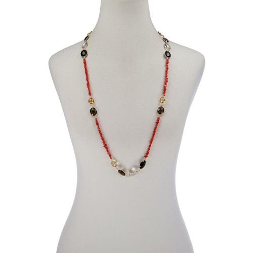 Meher's Jewelry 36" Orange Coral and Citrine Multi Gemstone Station Necklace - Picture 2 of 2