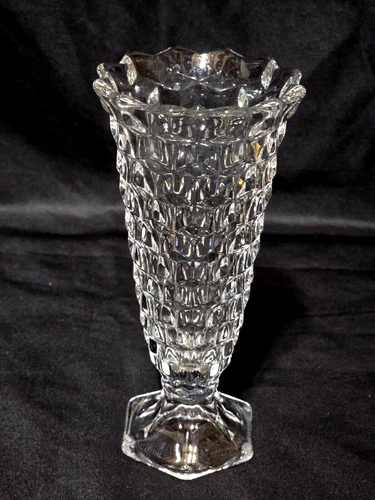Vintage FOSTORIA Glass AMERICAN Flared Cube Pattern Hexagon Footed 6" Vase