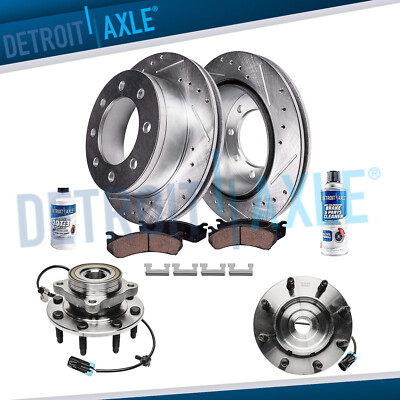 Front Drilled Rotors Brake Pads Wheel Hubs for Chevy Silverado GMC Sierra 3500