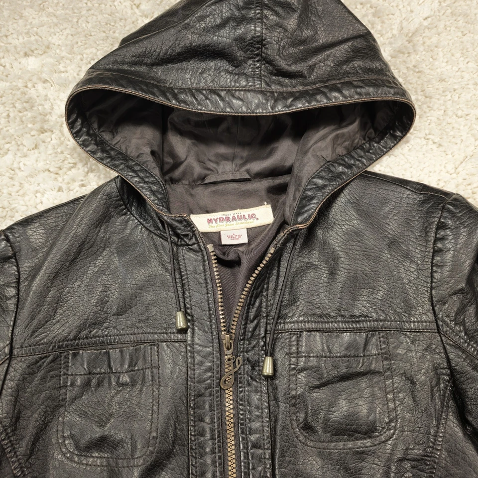 HYDRAULIC Black Faux Leather Moto Jacket Hoodie Sz Large - Image 4 of 4