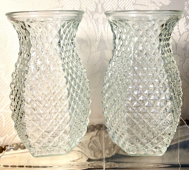 Pair of Hoosier 4071 Glass Diamond Pattern Pressed Glass Vases 5.5