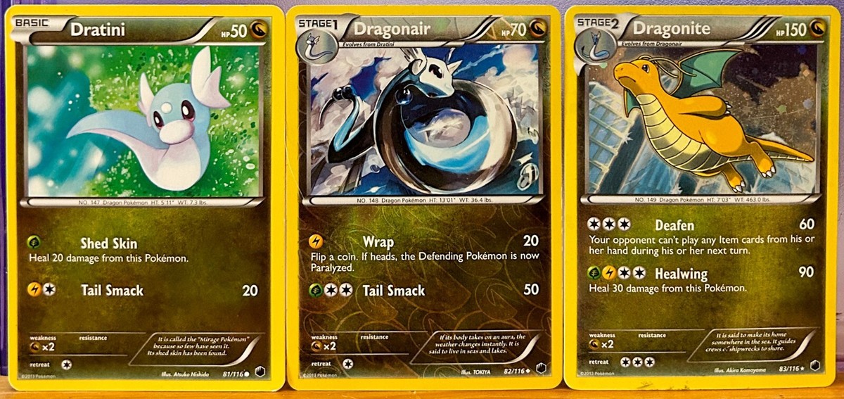 pokemon cards, Dratini 81/116, Dragonair 82/116, and Dragonite 83