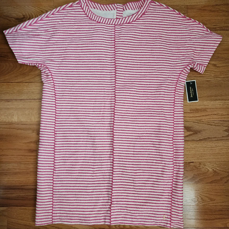 Juicy Couture 连衣裙 XL Shift Boucle 条纹粉色白色金色金属线新品 — 第 2/4 张图片