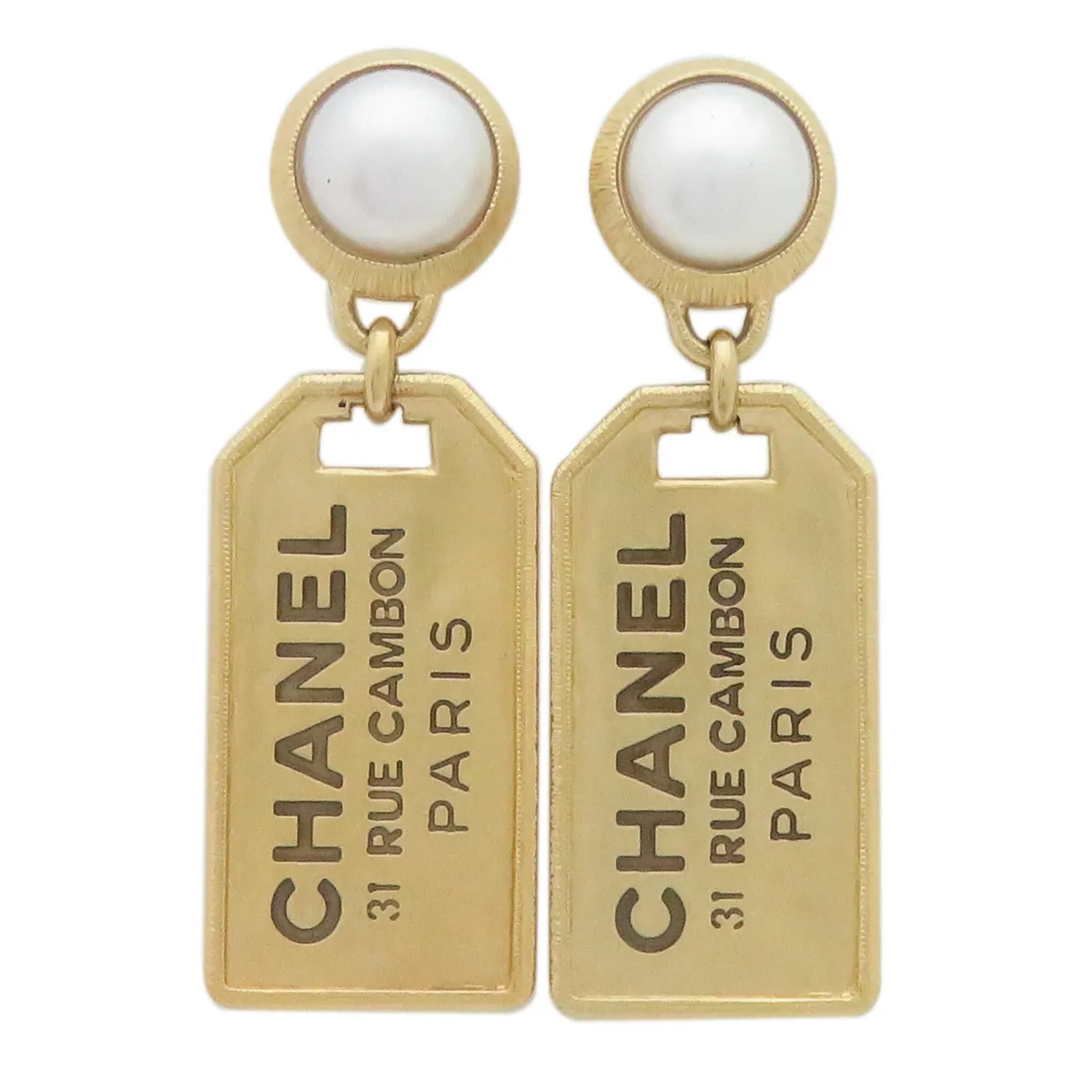 CHANEL Pearl CC Tags Drop Earrings Gold