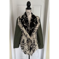 Rod's Aztec Chino Knt Sweater Jacket Snap Pockets Black Ivory Geometric Raw Hem