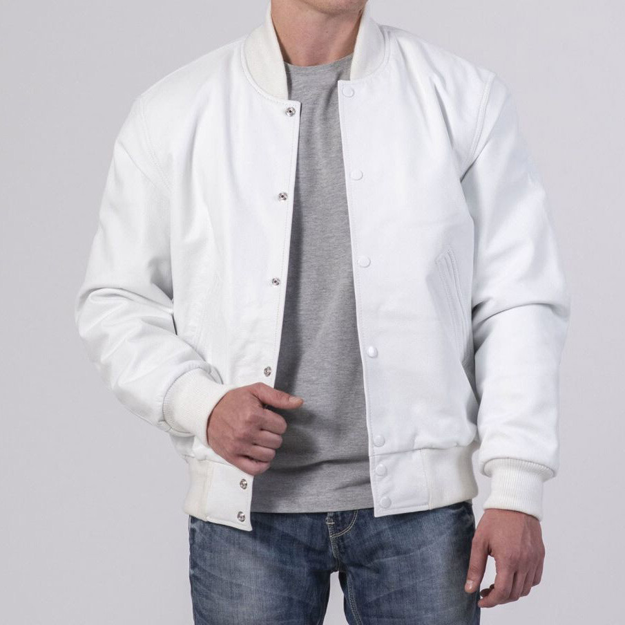 Men's All-White Leather Varsity Bomber Jacket | Sleek Letterman