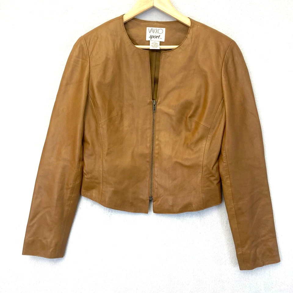 Chaqueta corta deportiva vintage VAKKO 100 % cuero para mujer grande marrón camel tostado Foto 2 de 4