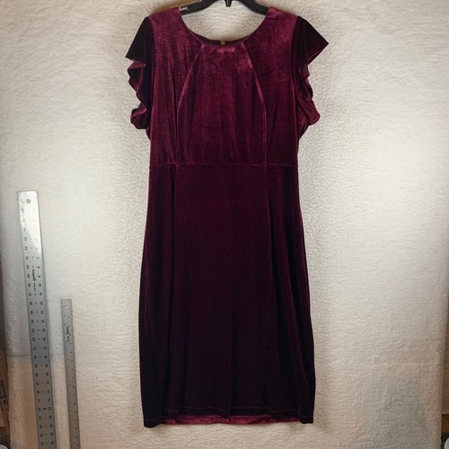 VTG Liz Claiborne Womens Velvet Maroon Short Sleeve Casual Midi Sheath Dress 16
