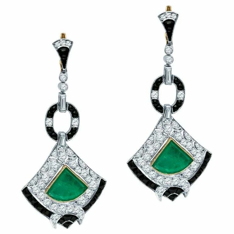 古董艺术装饰 10.58 克拉黑白 CZ 哥伦比亚翡翠吊坠耳环 — 第 2/4 张图片