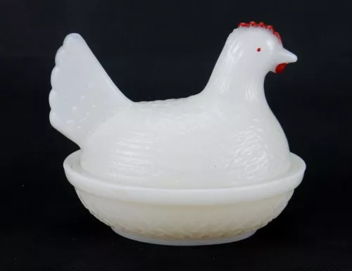 Vintage Indiana Glass Covered Candy Dish, Milk Glass, Hen Sitting On Nest