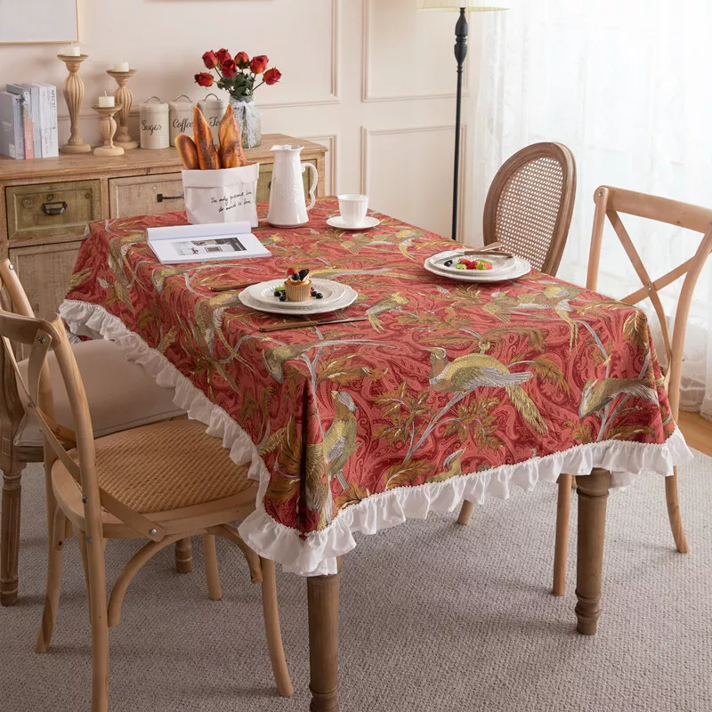 1PC American Retro Canvas Tablecloth Phoenix Pattern Ruffled Table Runner Ethnic - Image 3 of 4