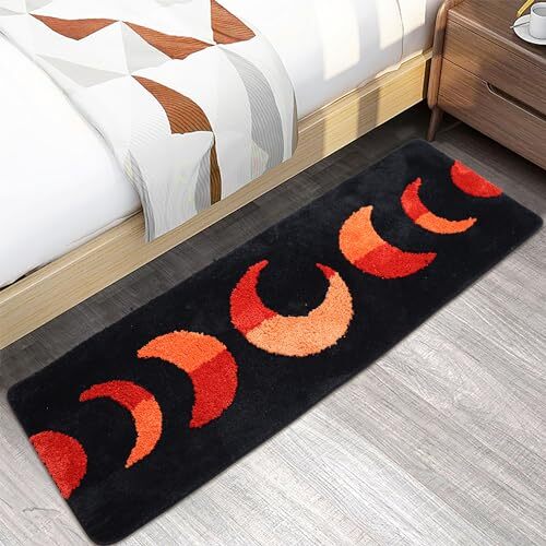 Boho Bathroom Runner Rug Long Moon Phases Bath Mat for 20"x60" Black