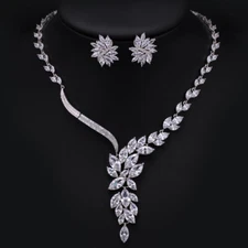 Silver Plated Cubic Zirconia Flower Leaf Drop Necklace Earrings CZ Jewelry Set