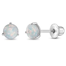 Opal Prong Kids / Children's / Girls Earrings Screw Back - Sterling Silver