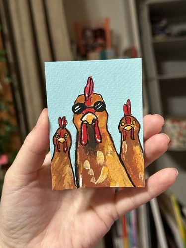 ACEO Original Punk Brown Chickens, Fowl, Funny Farm Animal Gouache Art - 2.5x3.5