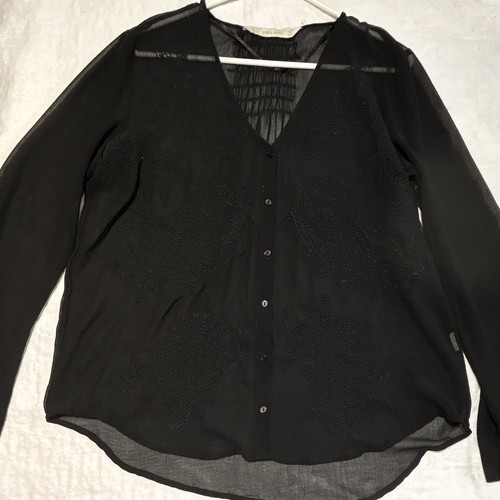 Zara Basic Women's Black Sheer Chiffon V-Neck Button Front Blouse L