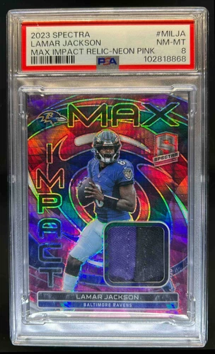 2023 Spectra Lamar Jackson Max Impact Patch Neon Pink #/15 Ravens PSA 8