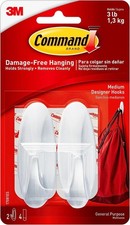 Command Medium Designer Hook, Pack of 2 Hooks and 4 Adhesive Strips, White - Da 1.98 per strip