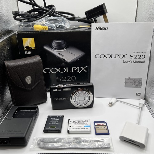 Nikon Coolpix S220 10.0MP + 2 Akkus, Ladegerät, SD-Karte, SD-Telefonleser + Tasche #387