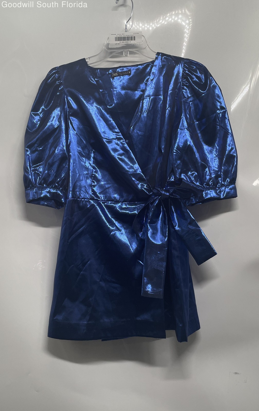 Zara Womens Blue Puff Sleeve V-Neck Front Tie Short Wrap Dress Size Large