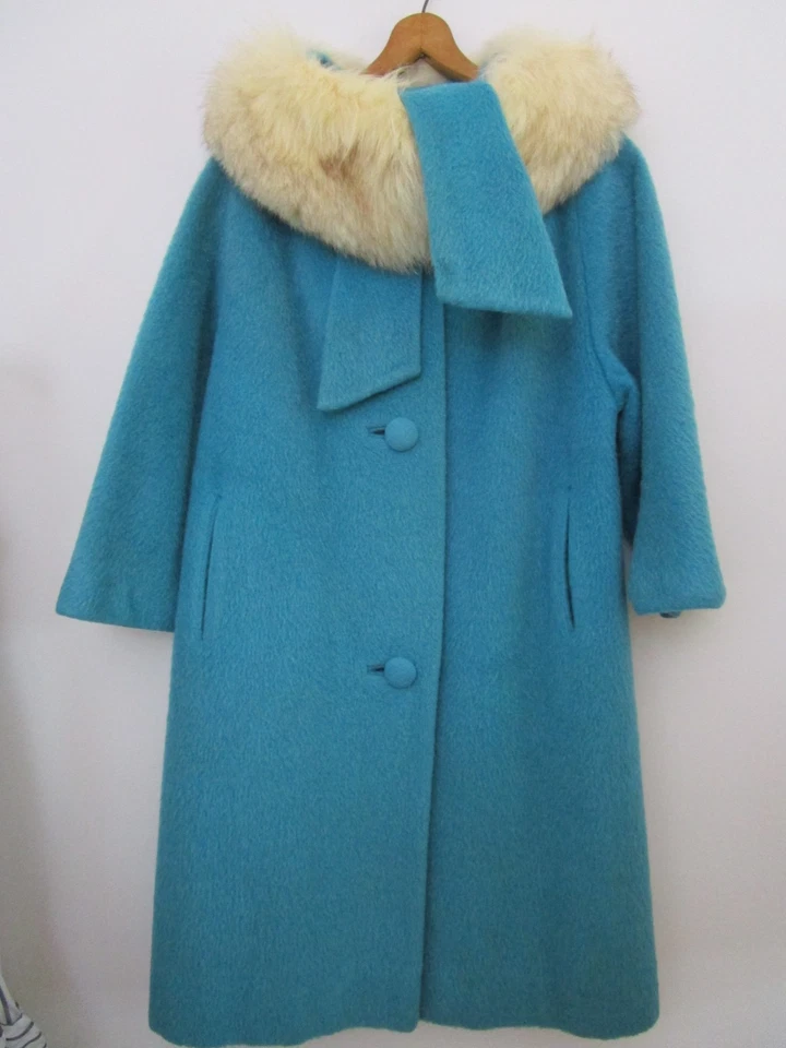 M/L Lilli Ann Luxury vintage 60s Teal Coat Fox Fur Collar Leather Gloves - Image 3 of 4