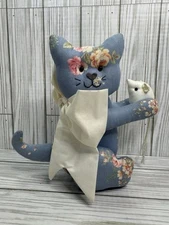 Handmade Blue Floral Fabric Cat With Mouse Pin Cushion Home Decor Cute With Bow