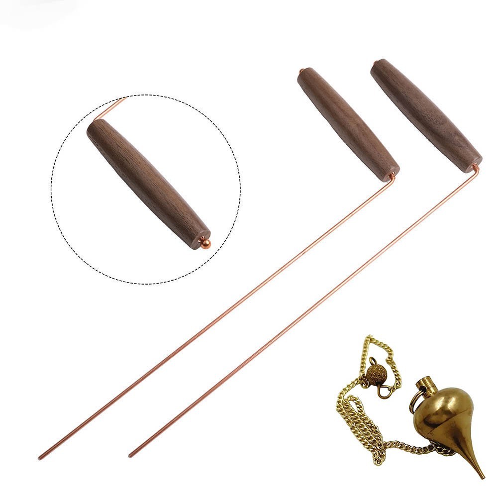 2PCS Copper Dowsing Rods Kit with Natural Walnut Handles and Brass Pendulum