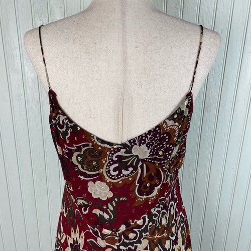 Vintage Y2K Ann Taylor Silk Midi Dress Size 10 Burgundy Gold Floral Print Fairy - Picture 11 of 13