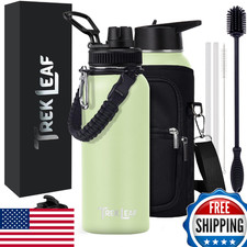 Trek Leaf Travel Water Bottle Set: 3 Lids, Insulated, Stainless Steel