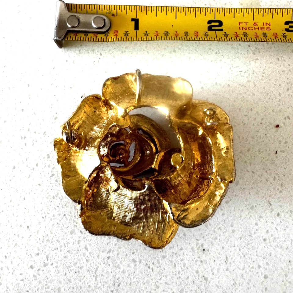 Vintage Y2K Crystal Rose Brooch – Golden Orange Rhinestone Flower Pin Gold metal - Image 3 of 3