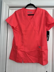 New Grey’s Anatomy 2 Pocket Mock Wrap Front Scrub Top Papaya Medium