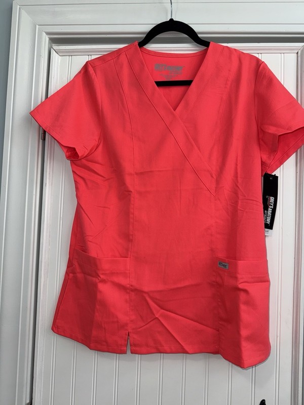 New Grey’s Anatomy 2 Pocket Mock Wrap Front Scrub Top Papaya Medium