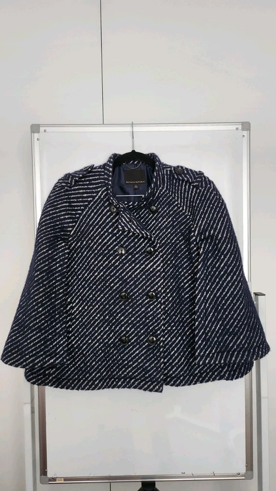 Banana Republic Women's Small Navy Blue Cape Jacket Wood & Alpaca Good Condition - Image 2 of 4