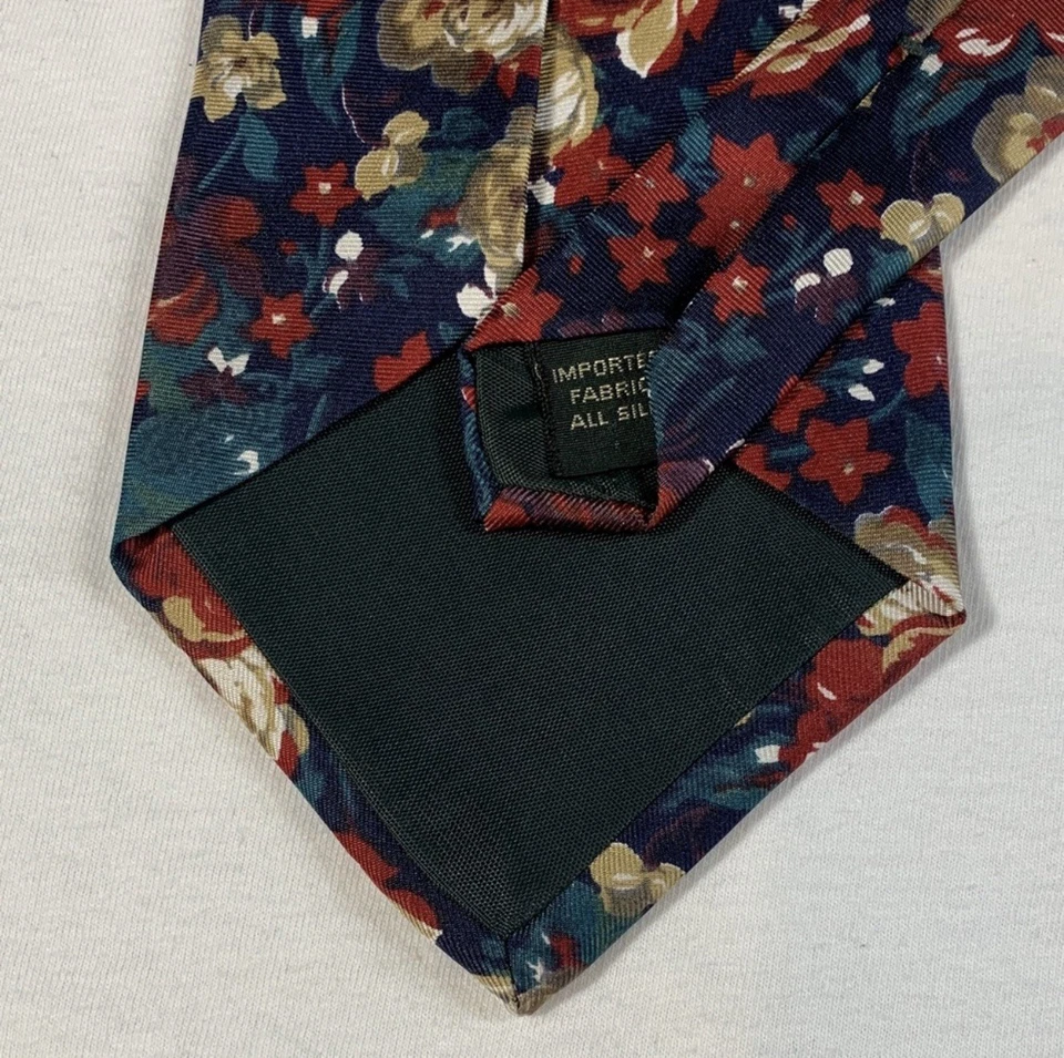 Corbata Vintage Bert Pulitzer Floral 100% Seda Hecha en EE. UU. Rojo Azul Marino Dorado Flores Foto 4 de 4