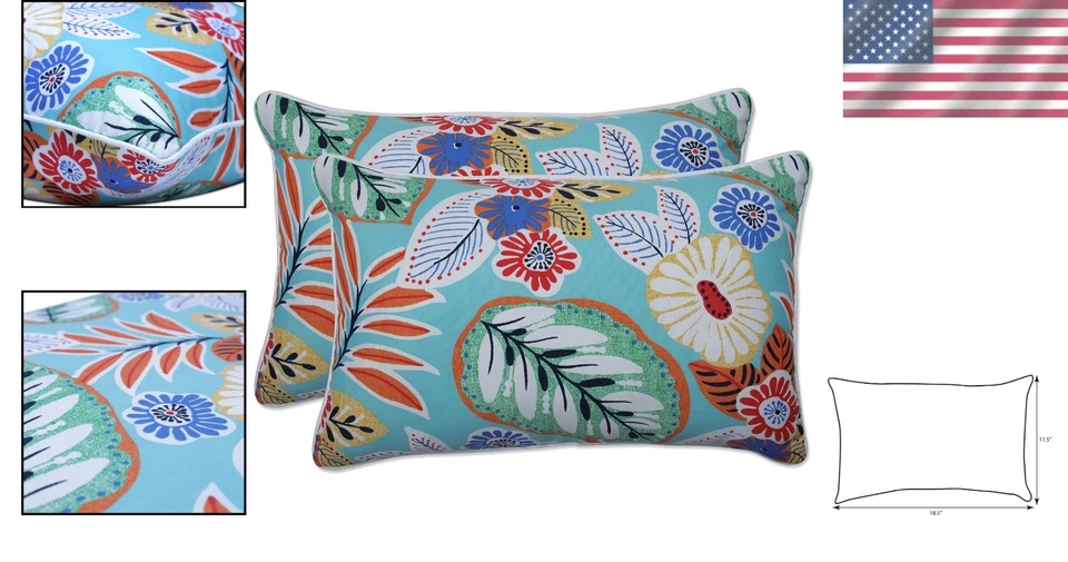 Outdoor Floral Lumbar Pillows, Set of 2 - Blue/Orange Marlow - Image 2 of 4