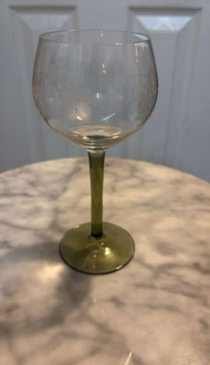 Vintage Roemer Wine Glass Etched Floral Green Stem Crystal Goblet Germany
