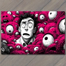 Art Print Surreal Pop Art Man Surrounded By Monsters Horror Cartoon Bright Pink