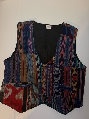 Patchwork Multicolored Vest Jacket XL Cotton Hippy Boho Sleeveless Vintage Woven