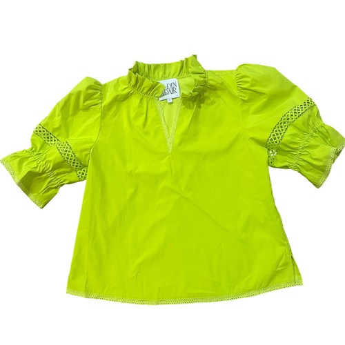Alden, Alden Adair Lime Green Ruffle Neck Puff Sleeve Eyelet Blouse Size M