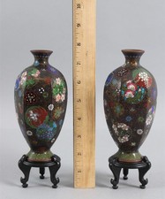 Pair Miniature Antique Late-Meiji Period Japanese Cloisonne Vases w/ Stands, NR