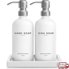 White Glass Soap Dispenser Set W/ Tray Pump Kitchen Bath Office Eco Friendly New