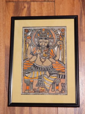 Vintage Hand-Painted Madhubani Ganesha Painting Mithila Folk Art Framed 11x14