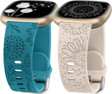 2 Packs Floral Engraved Band Compatible with Fitbit Versa 4/Versa 3/Sense