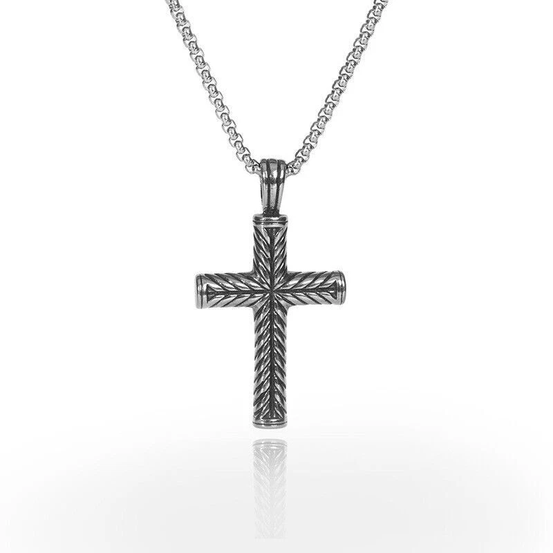 Boys Mens Stainless Steel Vintage Cross Pendant Necklace Men Women Silver - Image 3 of 4